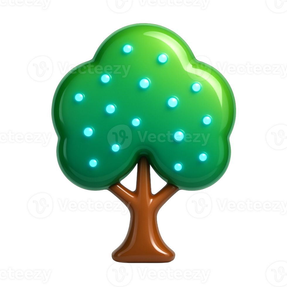 Shiny plastic 3D tree model with digital blue node highlights across a green canopy, brown trunk, soft shadows on a clean white digital environment png