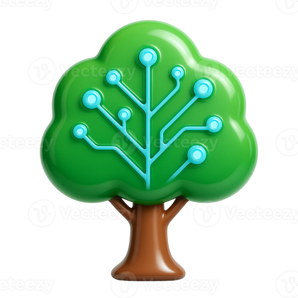 A polished 3D eco-tree concept with a smooth green plastic canopy accented with light-blue node dots and a simple brown base, for digital sustainability visuals png