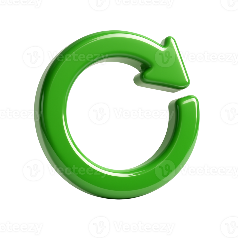 Smooth glossy 3D green arrow in loop shape, representing renewable systems and sustainability, with circular form and realistic shadows png