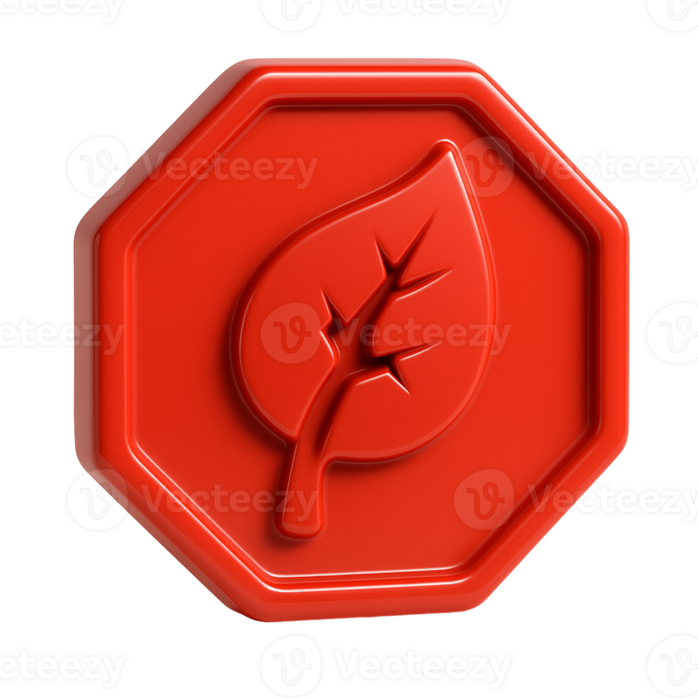 Glossy 3D red caution icon in triangular or octagonal form with damaged leaf or low battery, soft plastic design and isometric shadows for ecological alerts png