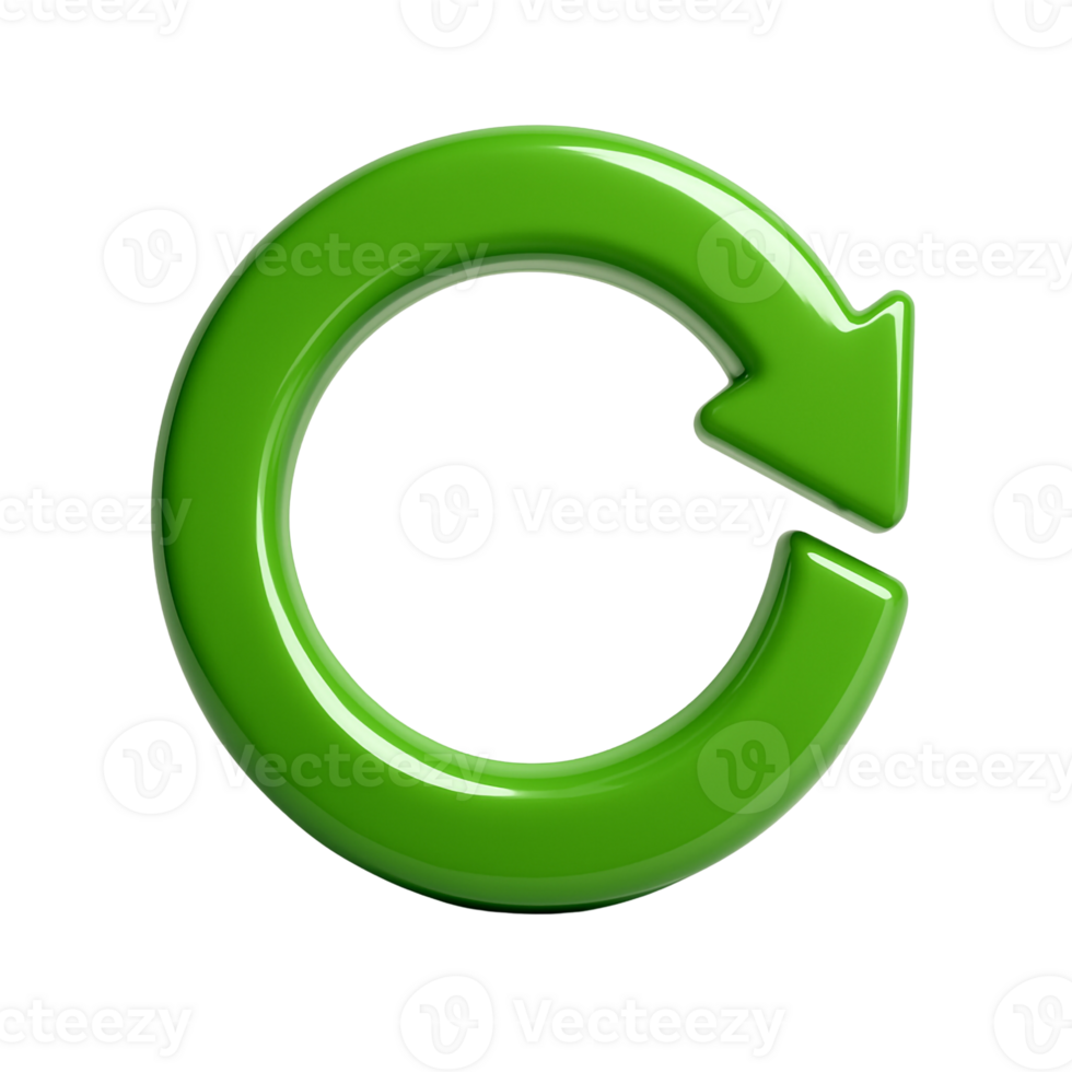 Reflective green circular arrow icon in 3D recycling loop design, with soft plastic sheen and shadows, symbolizing environmental progress and green systems png