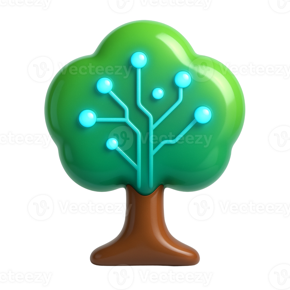 A futuristic nature-based 3D tree with high-gloss foliage and blue data points showing connectivity, brown stylized base, floating on white png