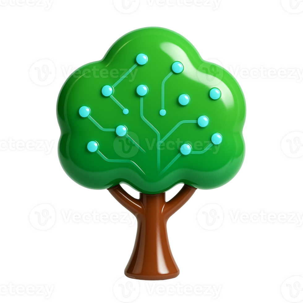 A visually modern and intelligent 3D rendering of a green tree icon with embedded blue dot nodes and smooth brown trunk, symbolizing tech-enhanced eco-solutions png