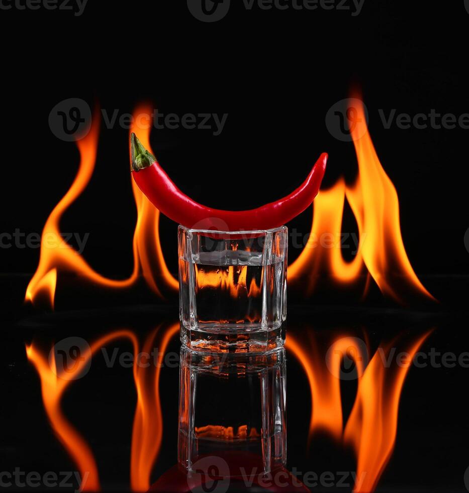 A red chili pepper is sitting in a glass with vodka photo