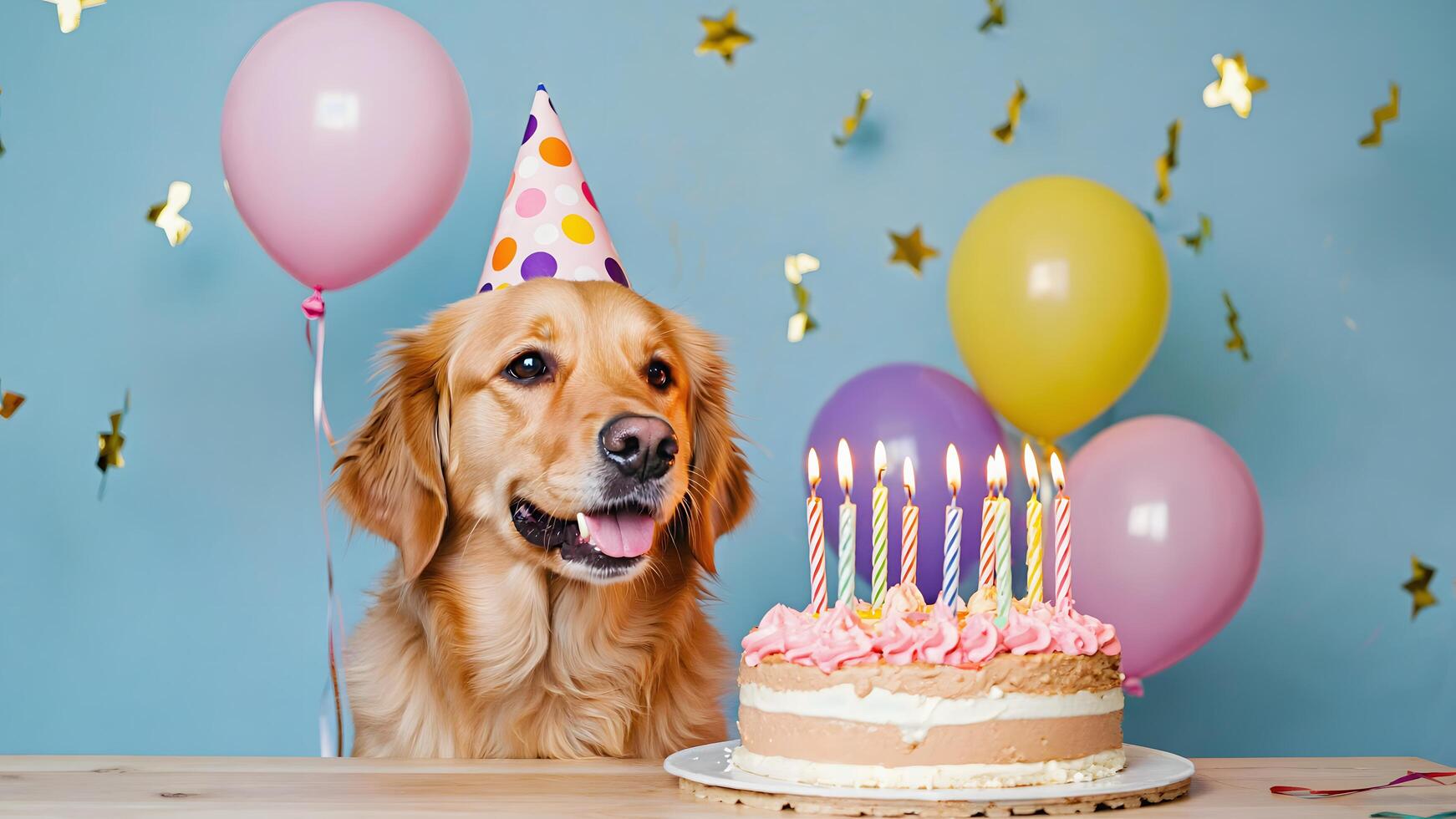 A dog with birthday hat sitting at a table with a cake and balloons photo