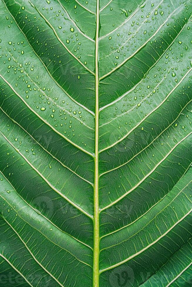 Close up view green leaf. Droplets on leaf surface. Nature background for gardening. Wet plant with detailed veins and texture. Lush foliage backdrop. photo