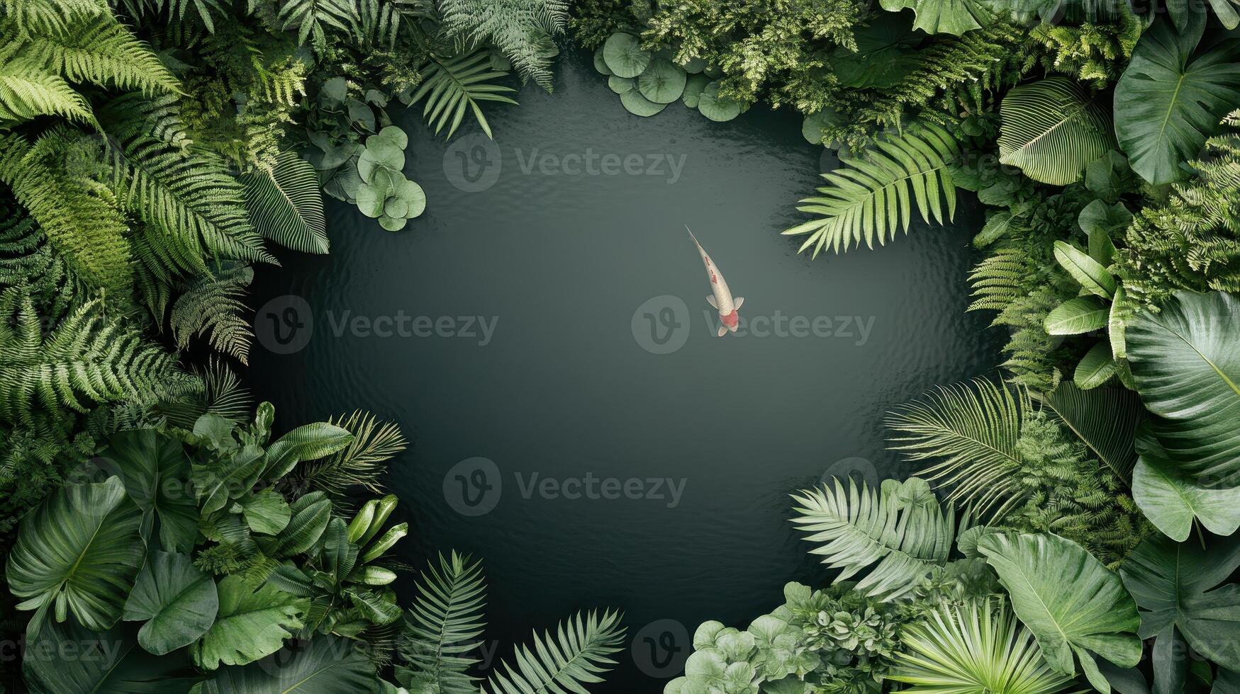 Fish swims alone in dark pond framed by lush tropical foliage. Green leaves provide a frame for a natural gardening design. photo