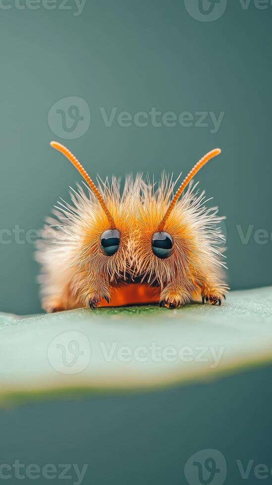 Orange furry caterpillar crawls on green leaf, insect face, antenna details, macro view, nature scene. Ideal for concepts about Gardening. photo