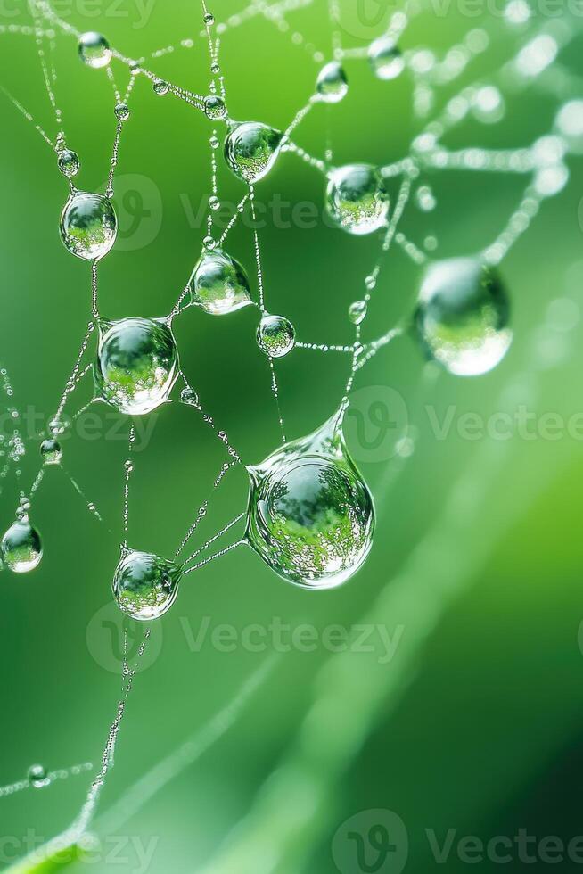 Delicate spiderweb threads hold shining water droplets. Green background suggests gardening freshness after rainfall. Droplets reflect surroundings, creating miniature worlds. photo