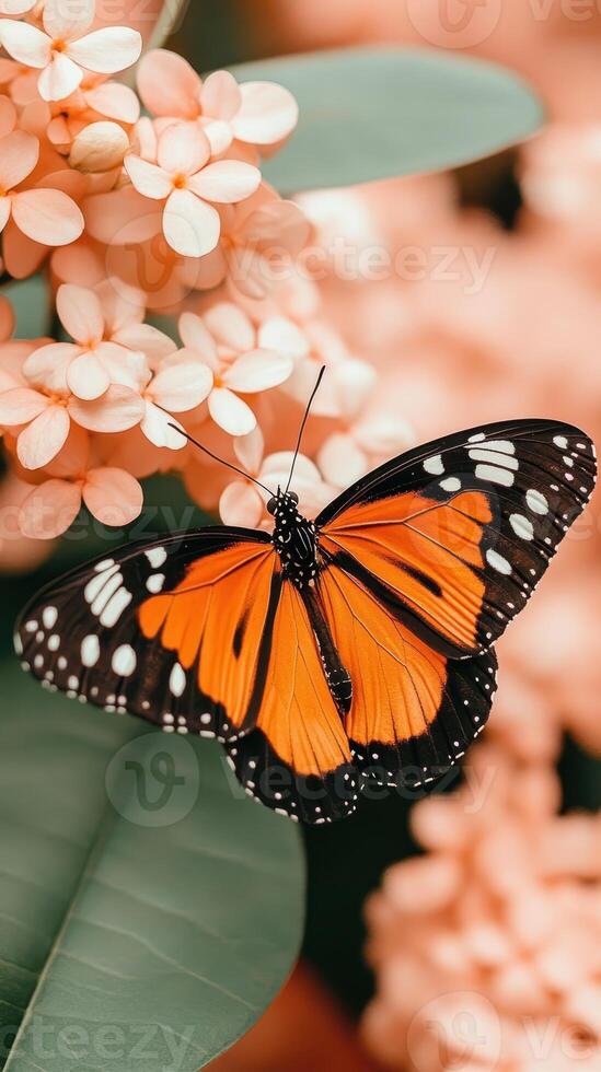 Orange Butterfly Resting on Pale Flowers with Green Leaf. Floral Background in Garden. Soft Light. Close View. Gardening Concept. photo