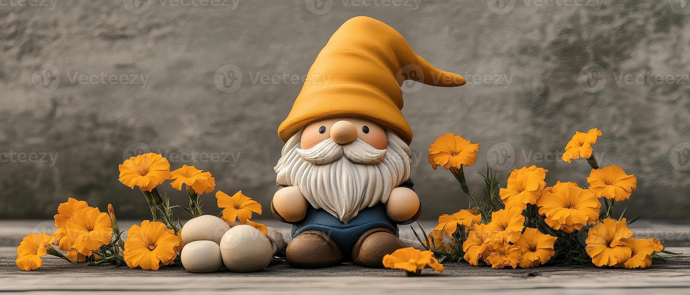 Garden gnome with yellow hat. Small stones and orange flowers adorn the wooden floor. Gray wall background. Concept of gardening. photo