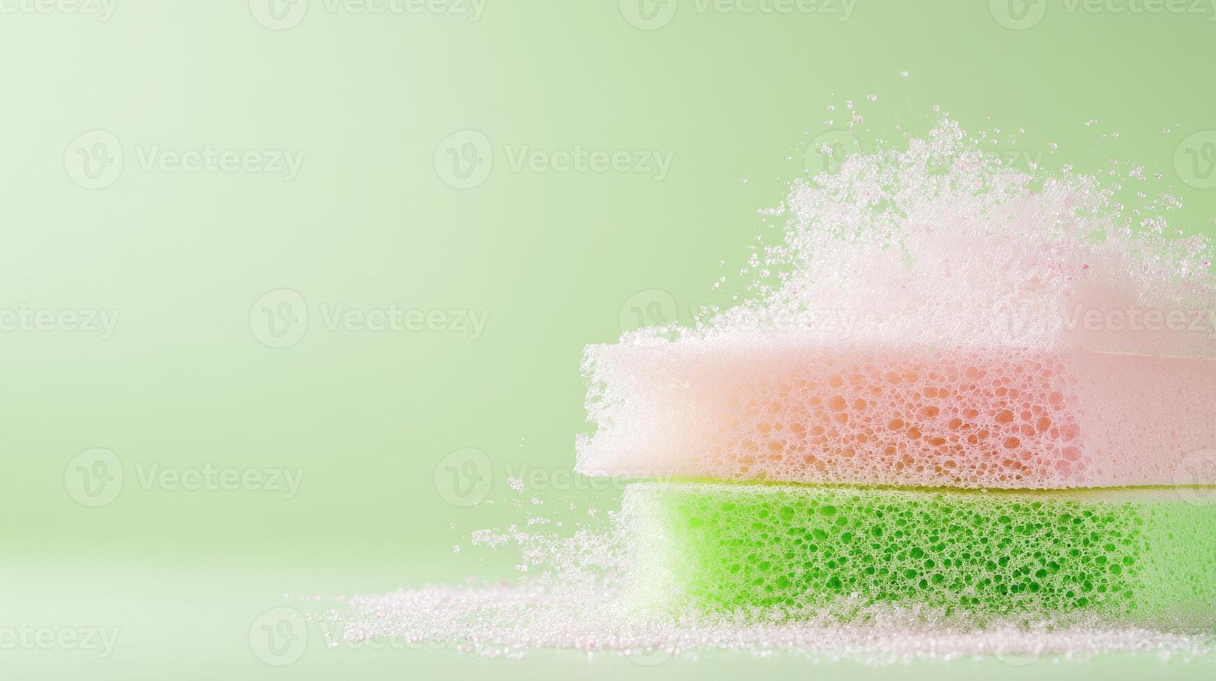 Colorful Sponges Stacked with Bubbles on Green Background Concept for Zero Waste Living photo