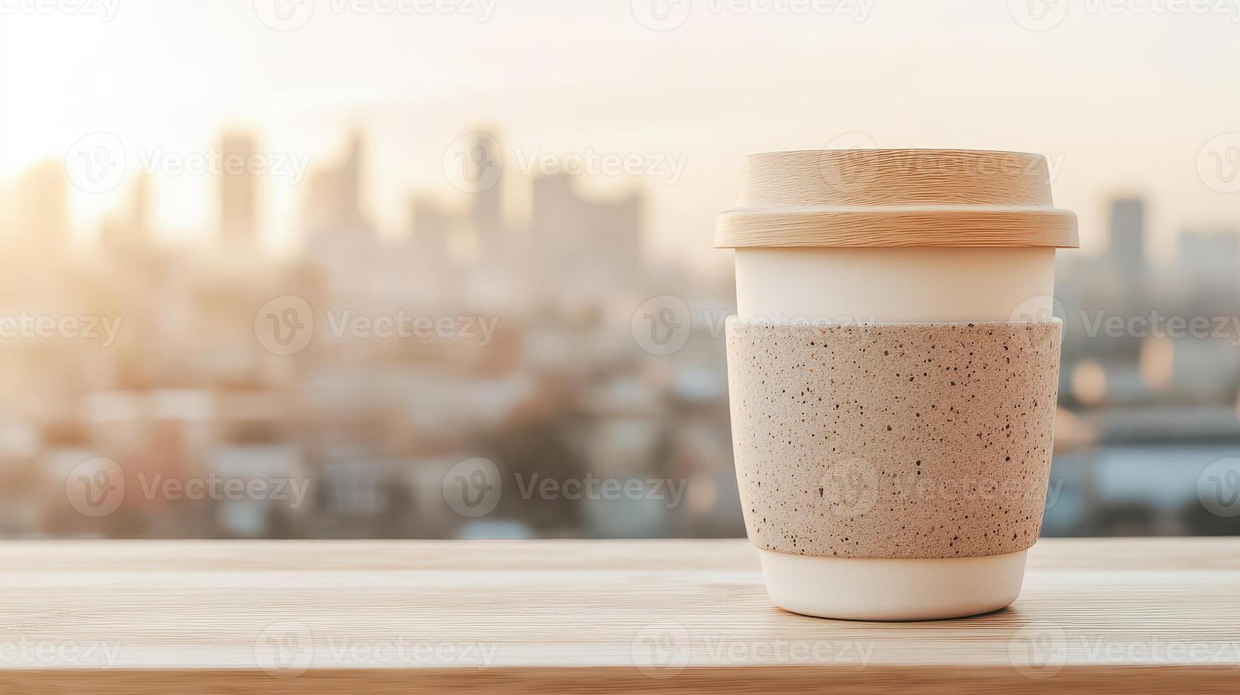 Reusable Cup on Wooden Table, City View. Sustainable Living Container. Waste Reduction for Environment. Eco Friendly Product. photo