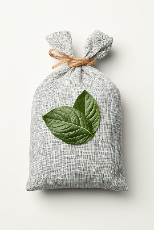 Textured Bag Tied with String Featuring Green Leaves for Zero Waste Living Concept on Plain Background photo