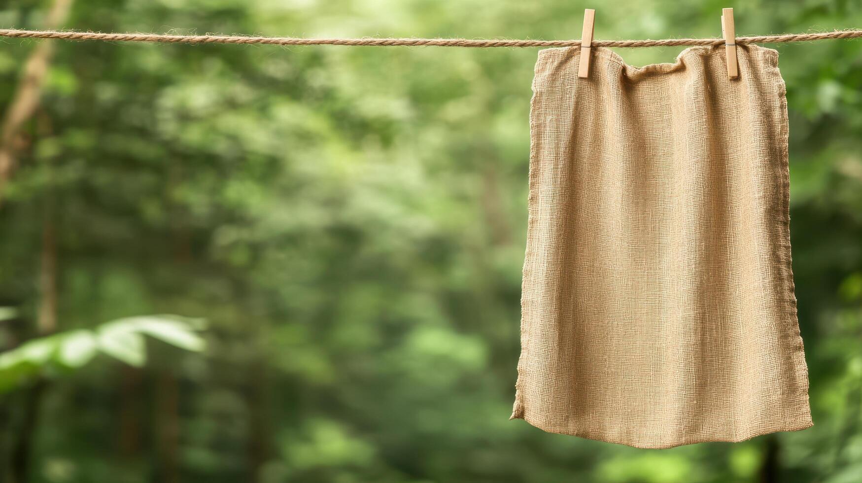 Linen Towel Dries on Rope Clothespins Green Leaves Background Zero Waste Living photo