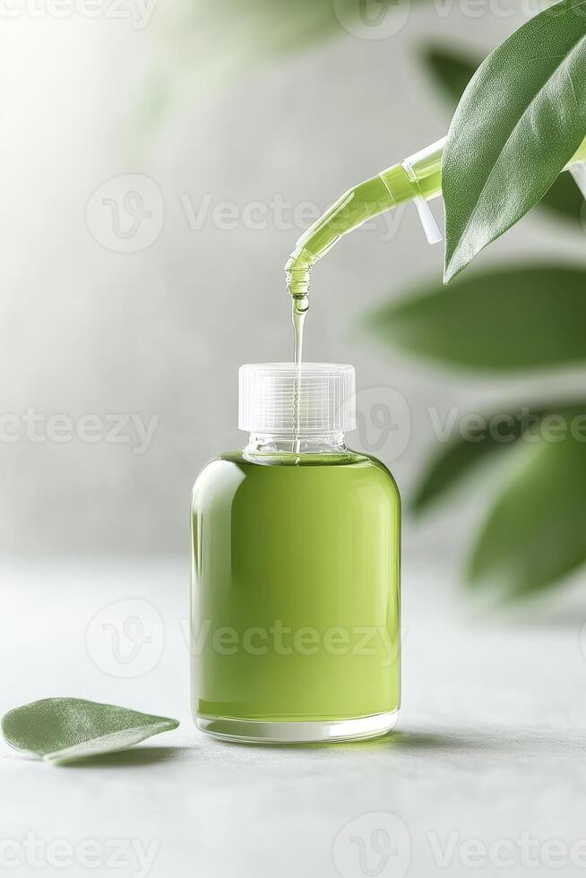 Green Liquid Dropping from Pipette into Bottle. Leaves near Container. Concept of Zero Waste Living on Gray Surface photo