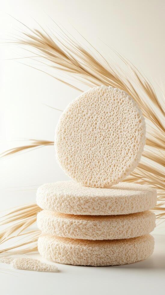 Beige Round Sponges Stacked Near Wheat Stalks Promote Zero Waste Living photo