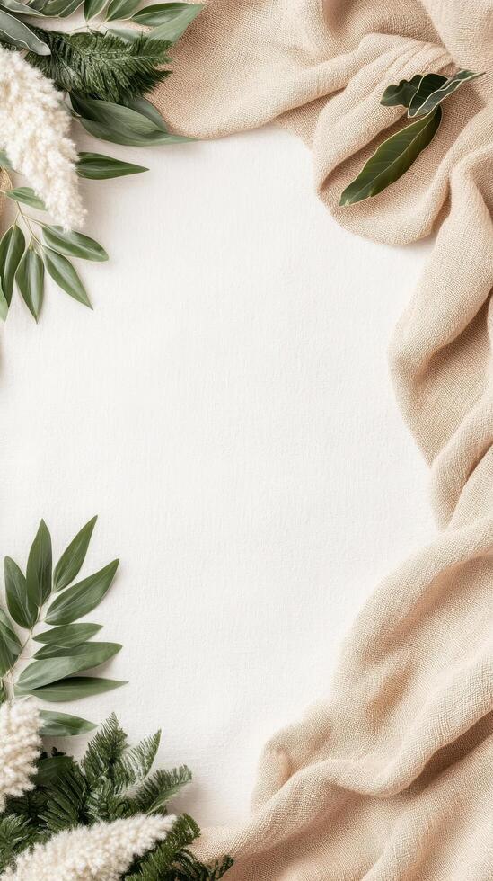 Green Leaves with Beige Fabric on White Background. Minimalist Style. Space for Text. Decorative Border. Zero Waste Living Concept. photo