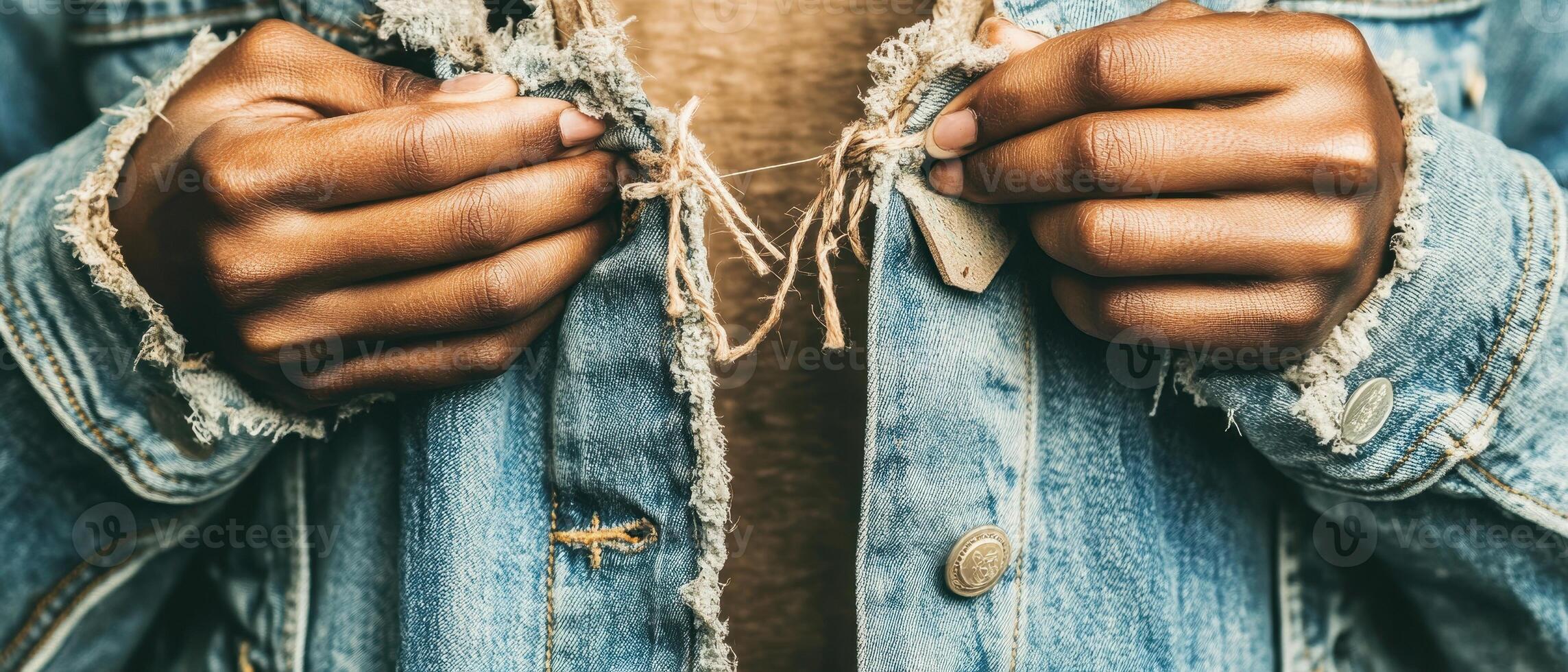 Hands holding frayed threads on denim jacket. Concept of zero waste living. Blue garment with buttons. Rustic design. Simple cloth close up. photo