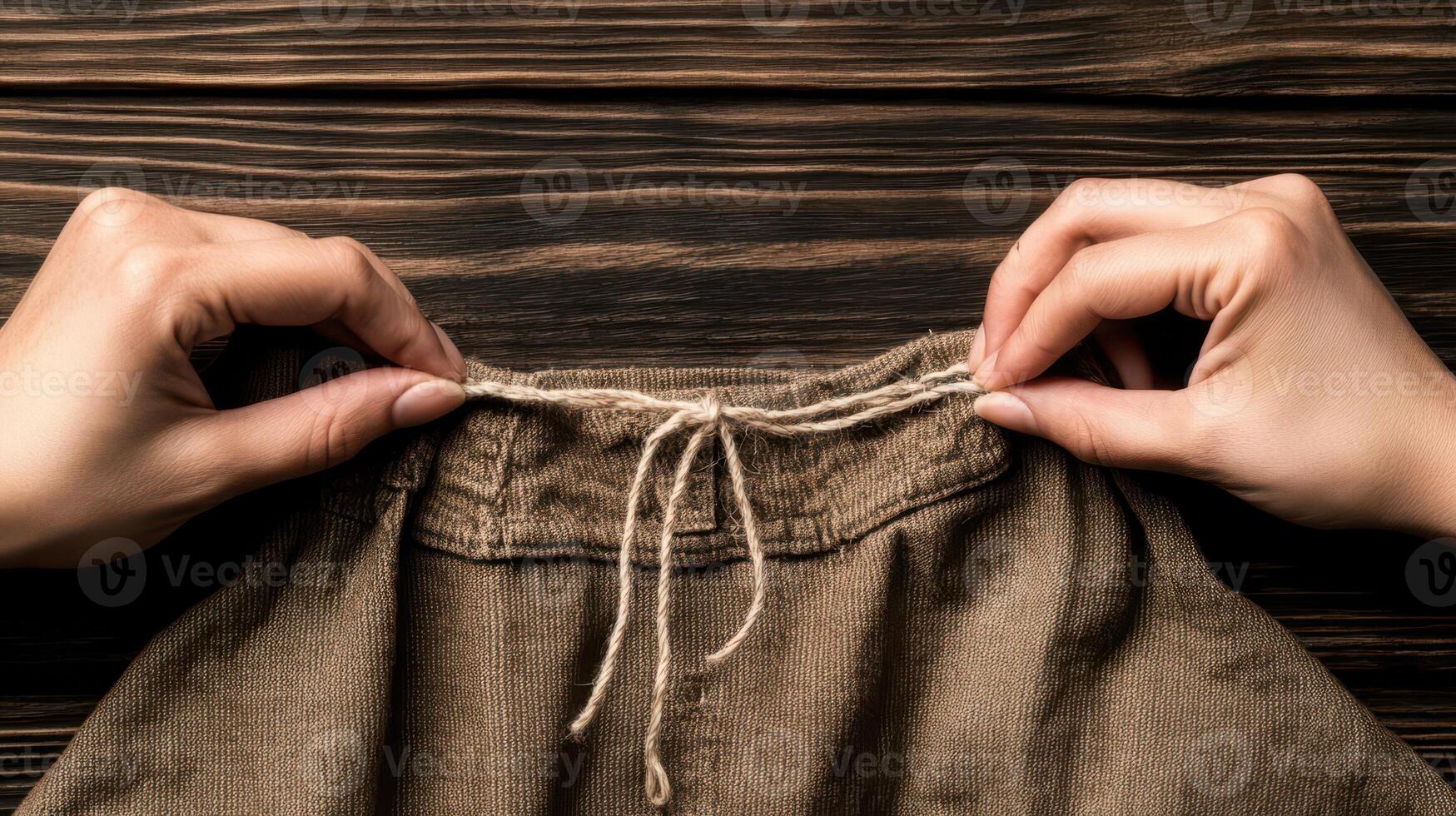 Hands adjust string tied around waist of textile brown skirt on dark wooden surface. Zero waste living concept. photo