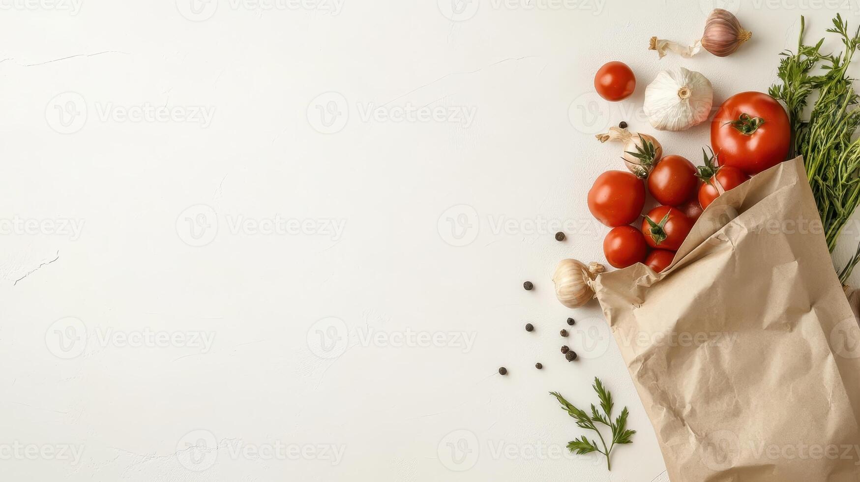 Tomatoes Garlic Herbs Spill From Paper Bag on White Surface, Concept for Zero Waste Living photo