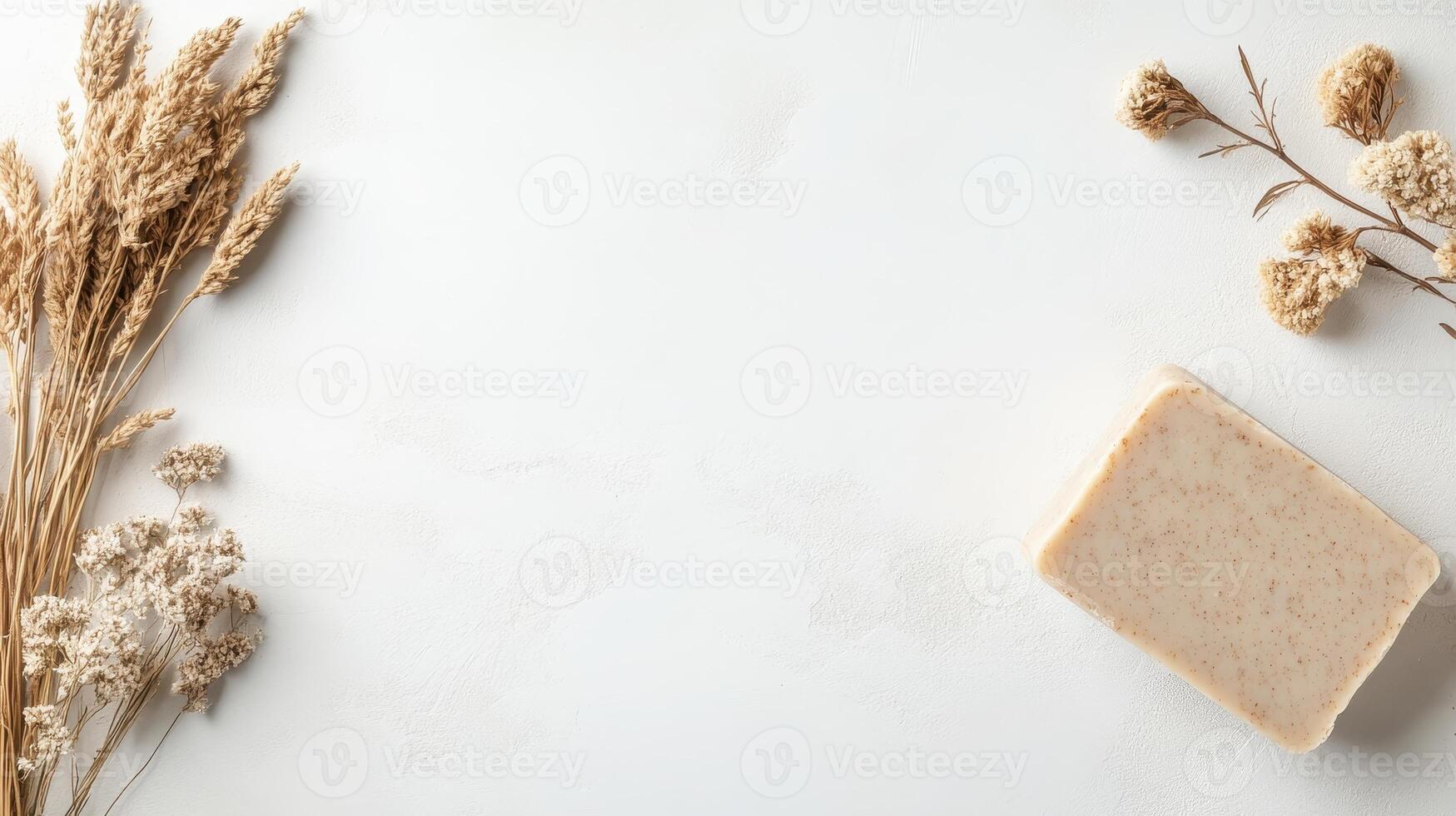 Bar soap and dried plants on bright surface. Concept of zero waste living and sustainable lifestyle. Clean body care product with herbal elements. photo