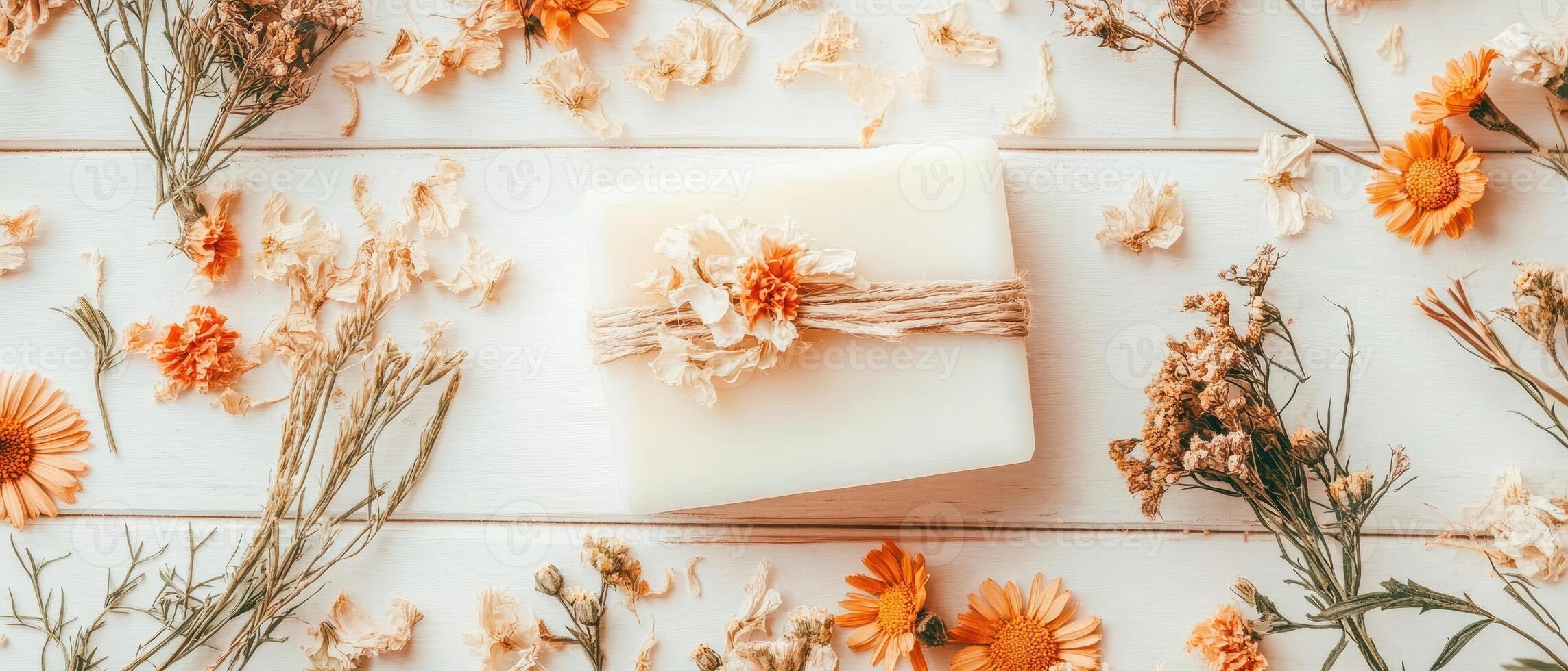 White Soap Bar Decorated with Twine on White Wooden Surface Surrounded by Dried Flowers for Zero Waste Living photo