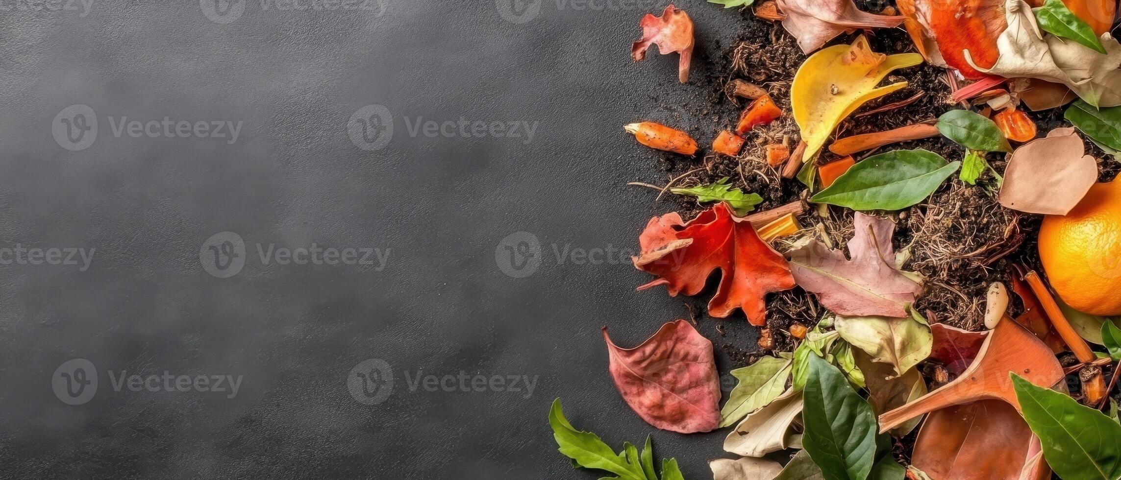 Organic Waste Compost Mixture with Leaves Peels and Soil on Dark Background Showing Zero Waste Living Concept photo