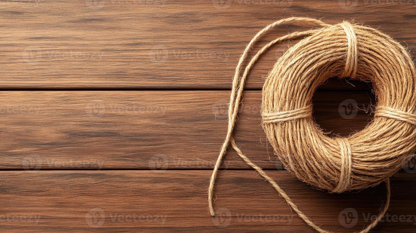 Coil Rope on Wood. Twine on Table. Jute Cord. Rustic Natural Material. Zero Waste Concept. Simple Brown Fiber. photo