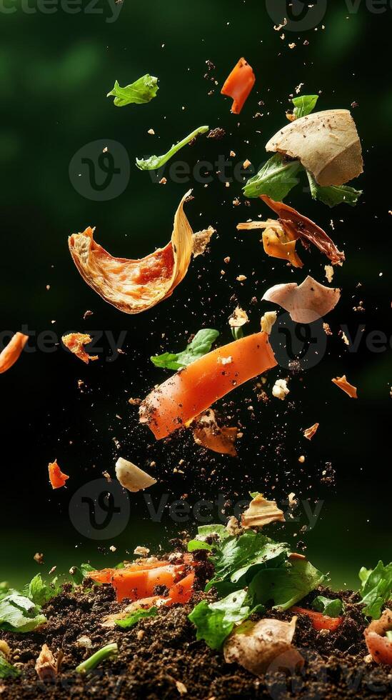 Food Scraps Fall Toward Dark Rich Soil Surface Concept Zero Waste Living Organic Matter Decomposition photo