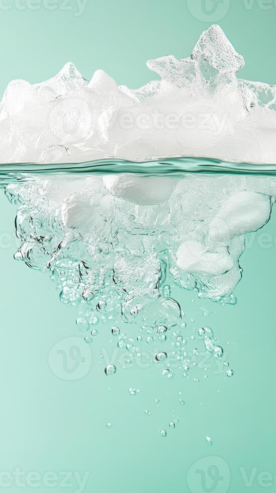 Clear Ice Formation Sinking into Cool Liquid with Bubbles against Plain Green Background for Zero Waste Living Concept photo