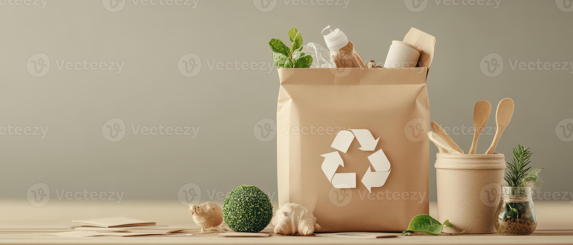 Brown Bag Containing Recycled Materials On Table For Waste Reduction And Sustainable Lifestyle For Living Zero photo