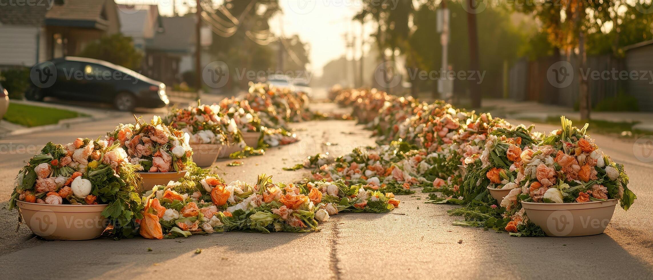 Flowers Spilling from Containers Lining a Suburban Street Promoting Zero Waste Concept and Sustainable Living Practices photo