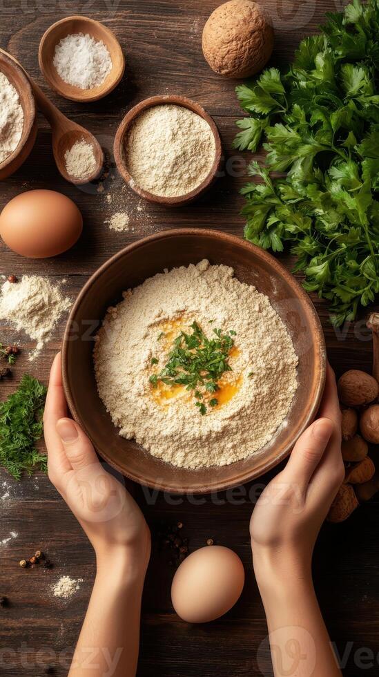 Hands hold bowl with flour and herbs. Eggs, spices and parsley on wooden table. Cooking preparation. Flat lay food concept. Top view photo