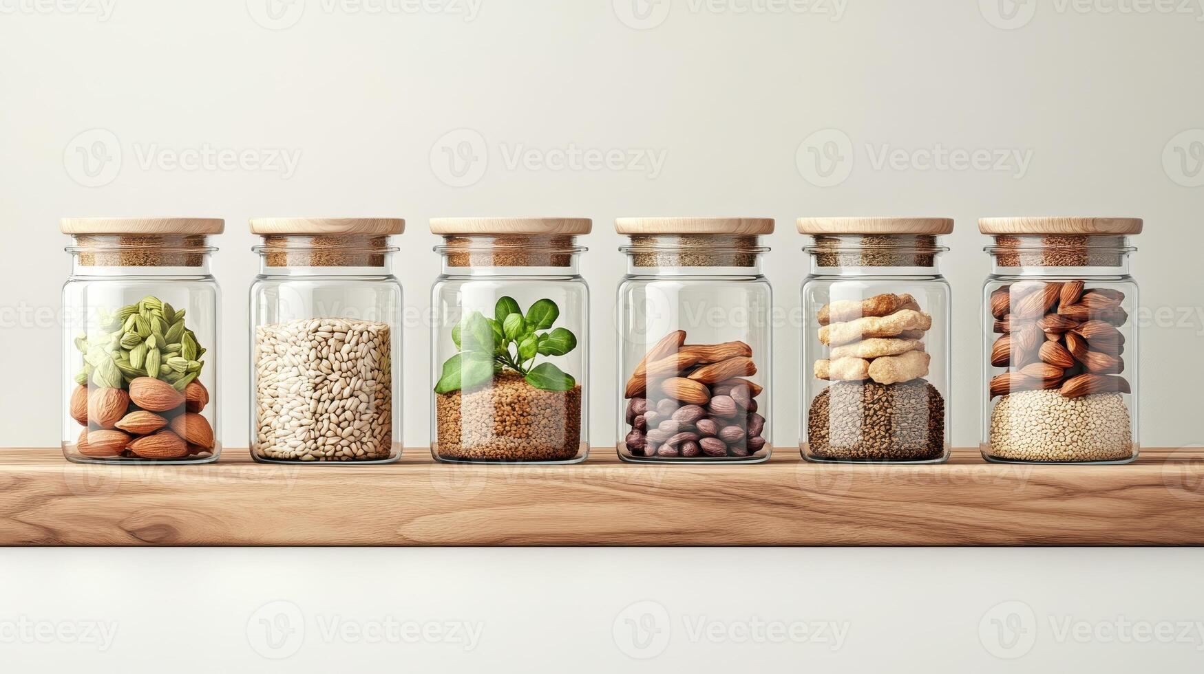 Glass jars with wooden lids display various nuts seeds and small plant on a shelf neutral background studio shot diverse food ingredients photo