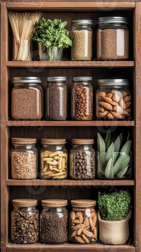 Wooden shelf displays jars filled with seeds, herbs, beans, lentils, grains, and other dry goods inside rustic storage arrangement. Natural pantry ingredients. photo