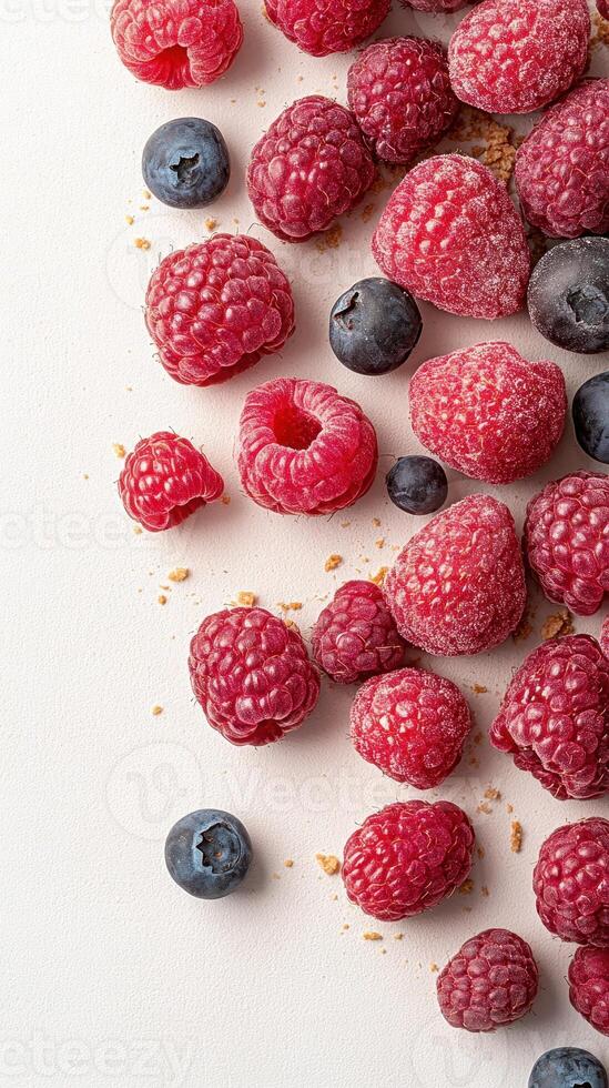Scattered Raspberries and Blueberries with Crumbs on a White Surface for Gluten Free Low Carb Dessert Concept photo
