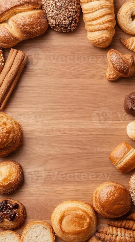 Various Breads and Pastries Border Wooden Surface. Baked Goods Circle Empty Space. Gluten free desserts and low carb food concept. photo