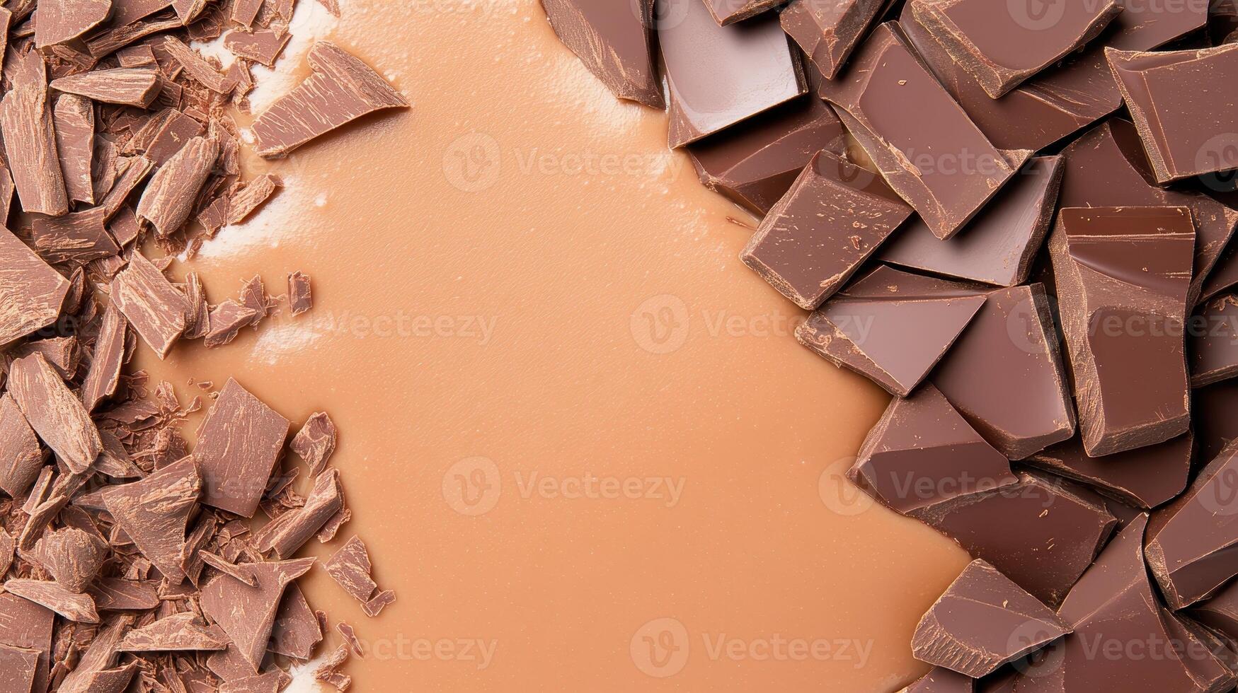 Dark chocolate chunks and shavings on smooth surface. Delicious looking gluten free low carb dessert ingredient arrangement. Sweet treat background with space photo