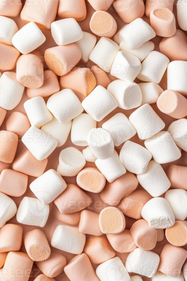 Pile of White and Peach Colored Marshmallows. Sweet Confectionery Treats. Light and Fluffy Gluten Free Desserts. Low Carb Delicious Food Items. photo