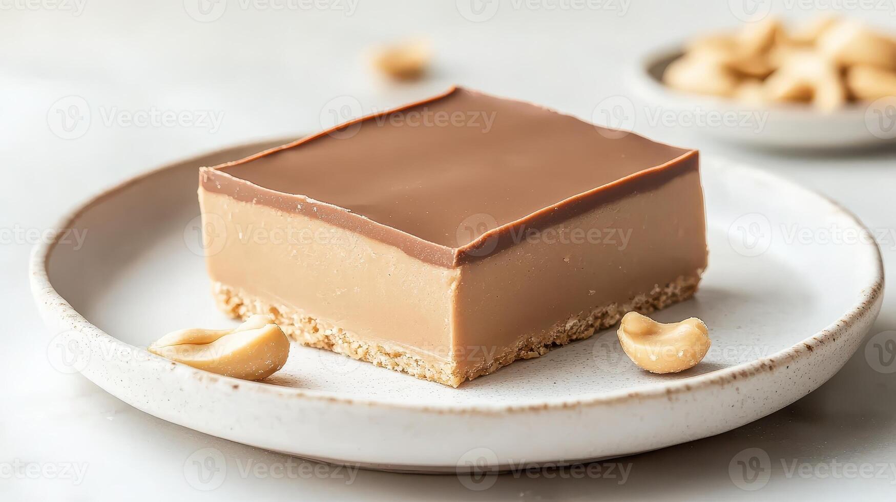Square layered treat with nuts on plate. Light background shows gluten free low carb dessert with crunchy base and topping. photo