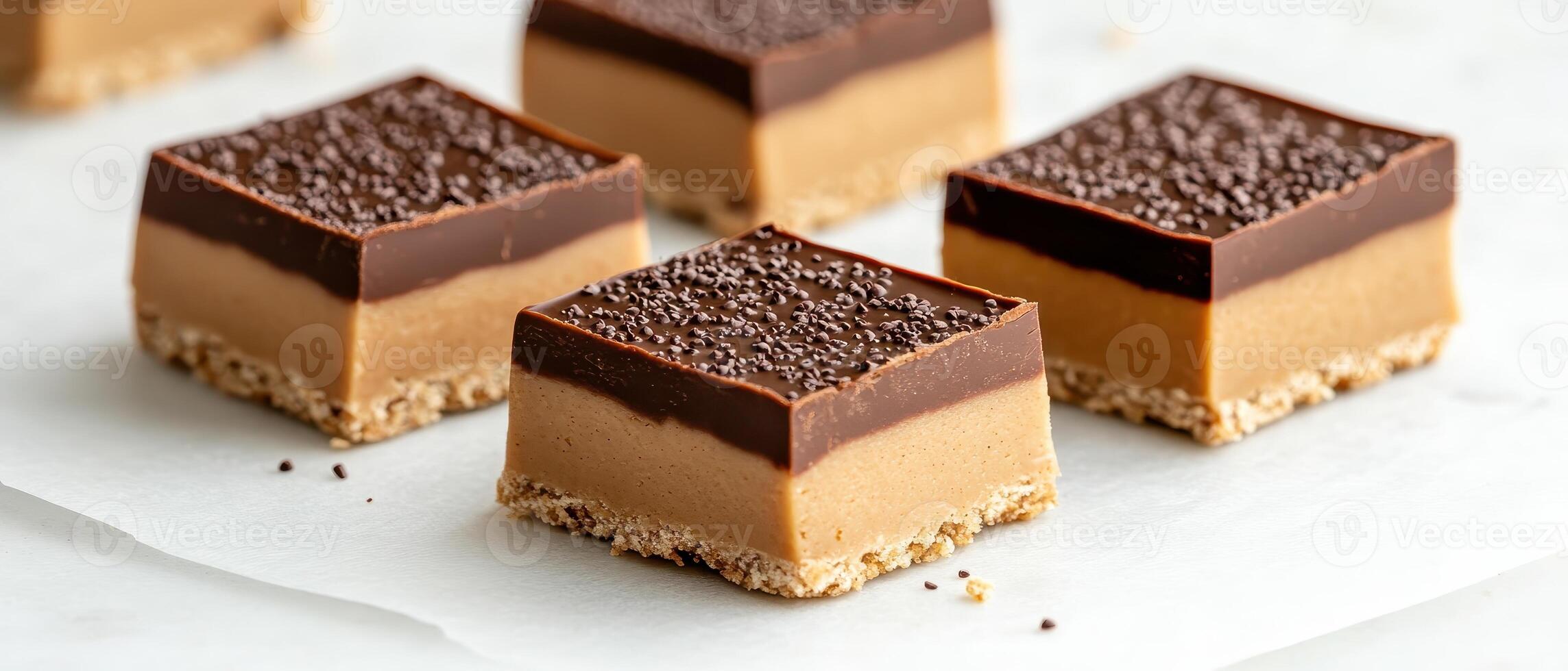 Square desserts on white surface. Gluten free, low carb treats. Chocolate topping with sprinkles. Sweet squares with several layers. Delicious dessert food. photo