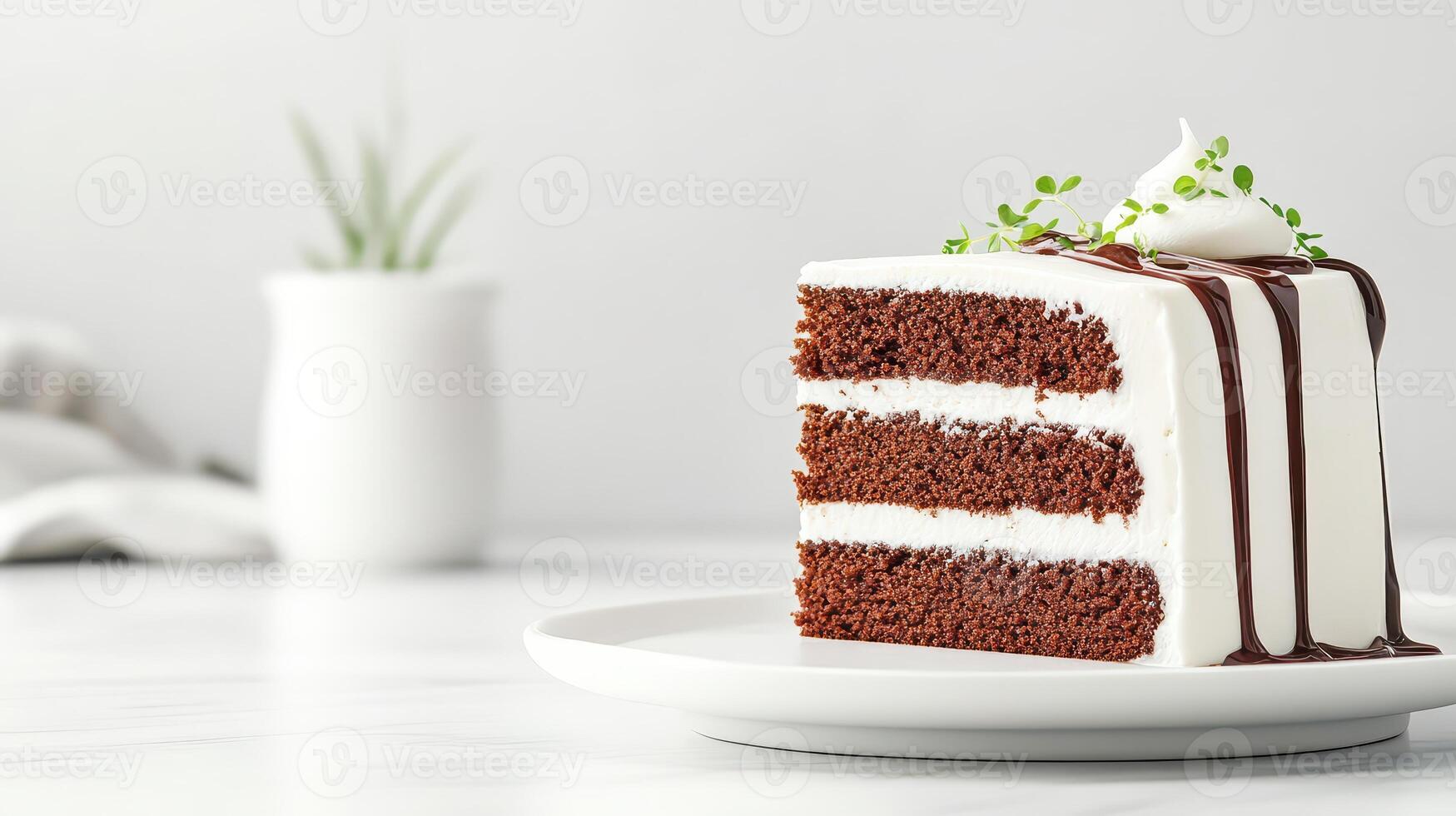 Slice of Delicious Low Carb Dessert with White Frosting and Chocolate Drizzle on a Plate, Gluten Free Treat on White Background photo
