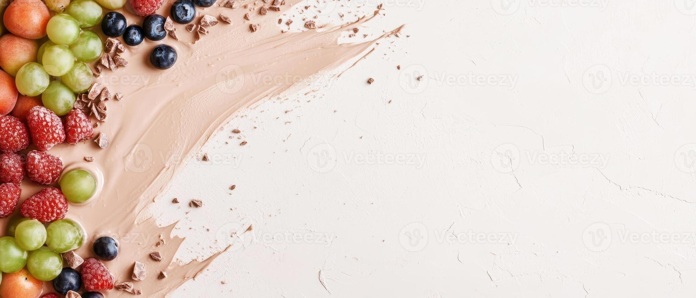 Fresh Assorted Berries and Chocolate Nibs Displayed on a Light Beige Swirl with Space for Text Gluten free low carb desserts concept photo