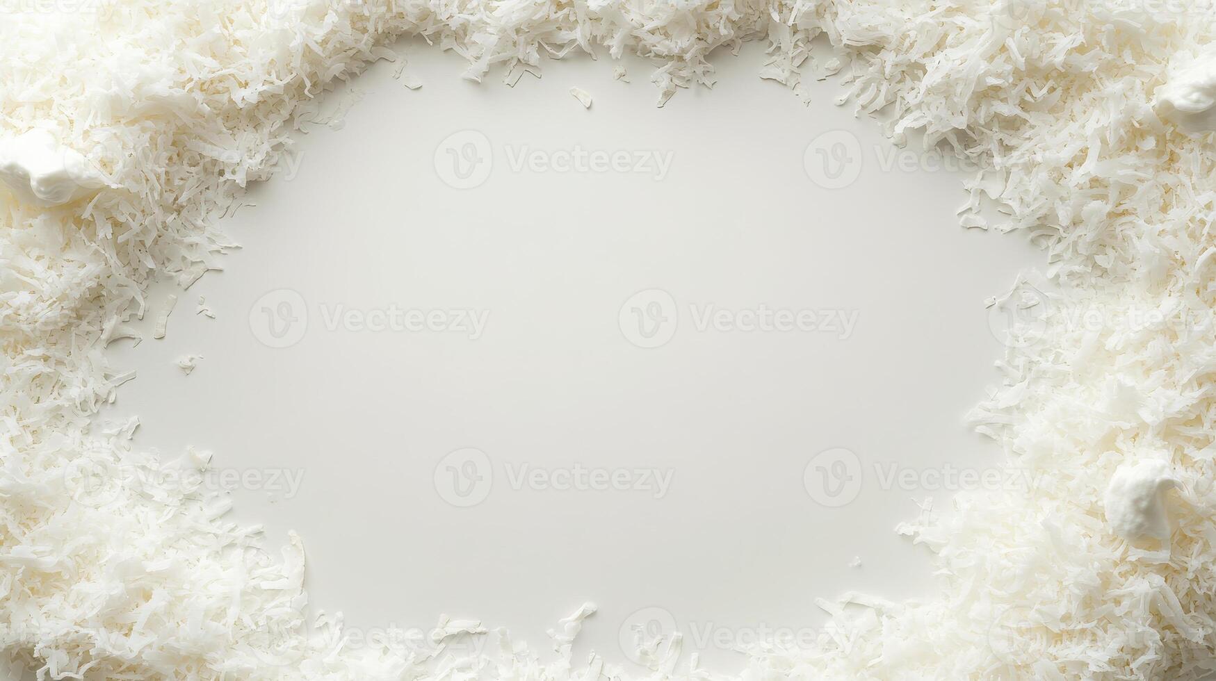 White Shredded Coconut Frame on White Background. Gluten-free Low-carb Desserts ingredient. Coconut flakes border. Food ingredient for healthy recipes. Empty space. photo