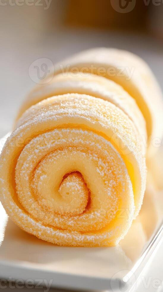 Close up view of a Spiral Rolled Dessert, a Gluten Free and Low Carb Sweet Treat, coated with white powder on a white plate. photo