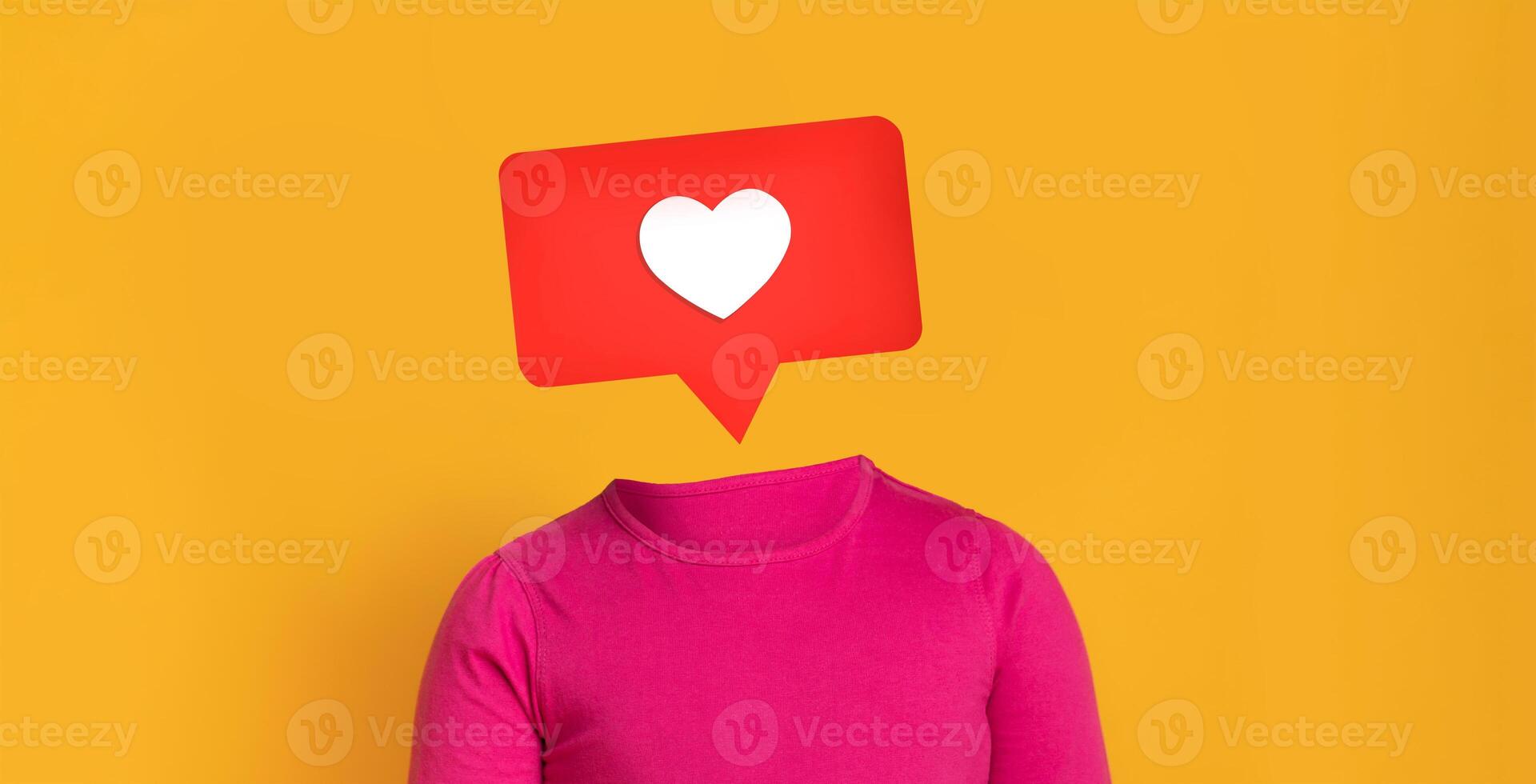A vibrant yellow backdrop highlights a pink shirted figure with a speech bubble featuring a heart symbol. This illustration represents social media interaction and engagement. photo