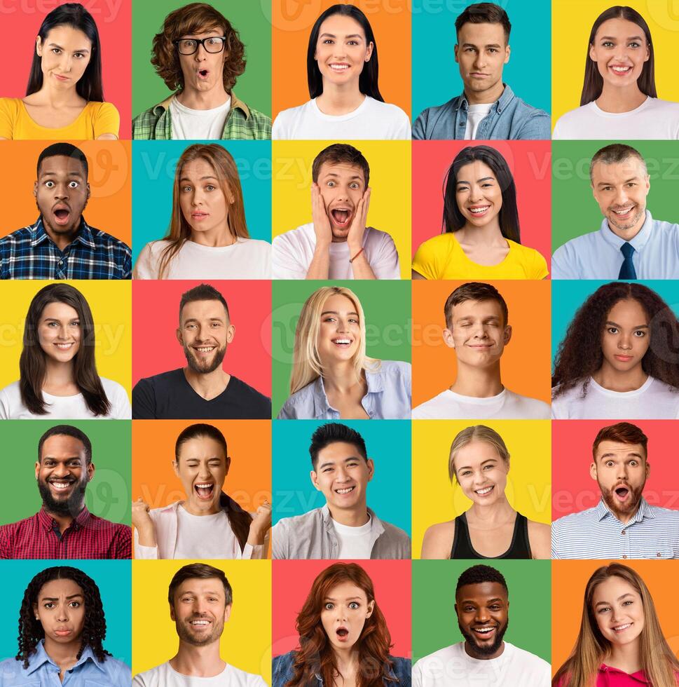 Creative composite collage of different human facial expressions and emotions of young diverse people. Mosaic set of many positive and negative female and male feelings. Banner on colorful background photo