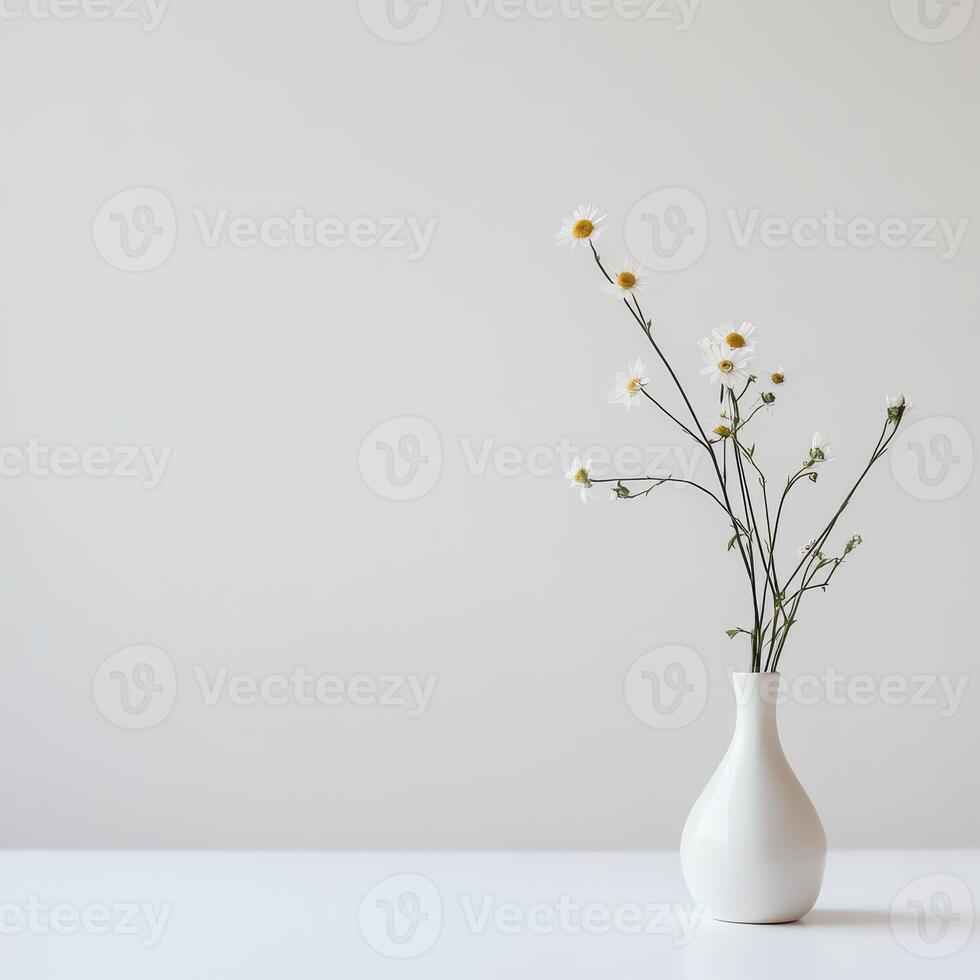 Simple white vase with flowers on a table photo