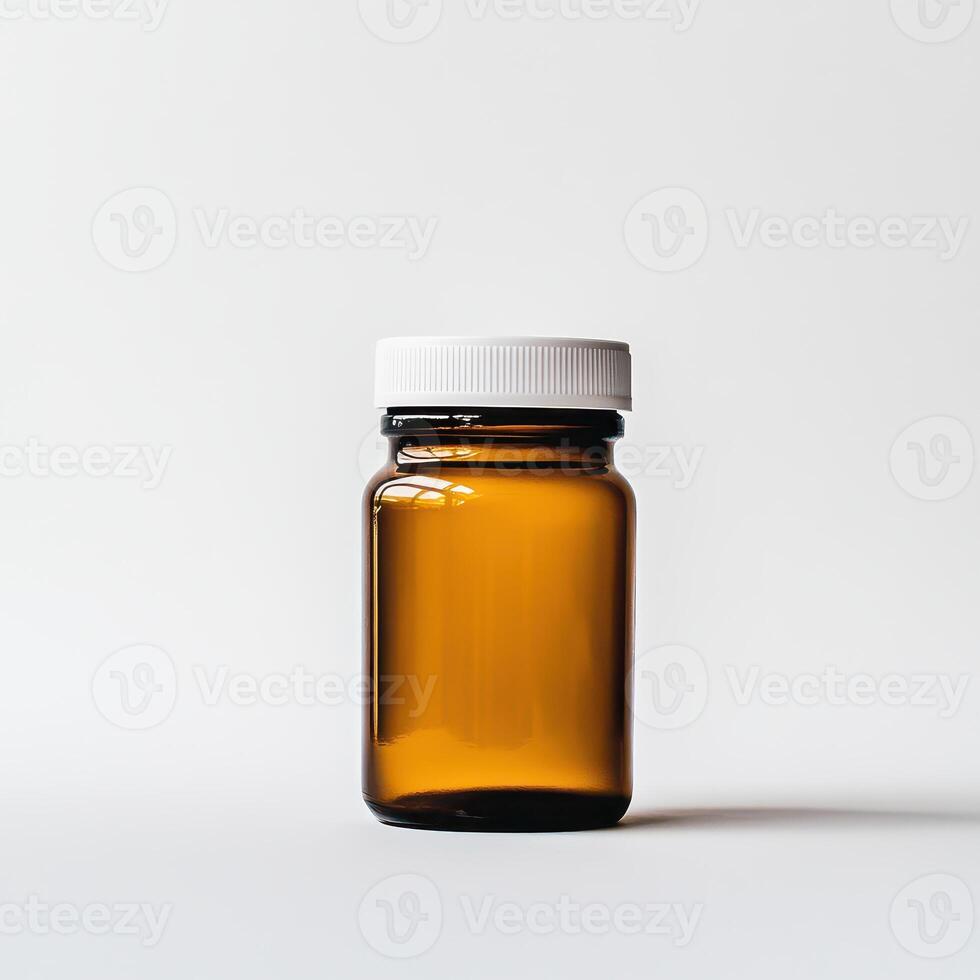 Brown bottle with white cap on plain background photo